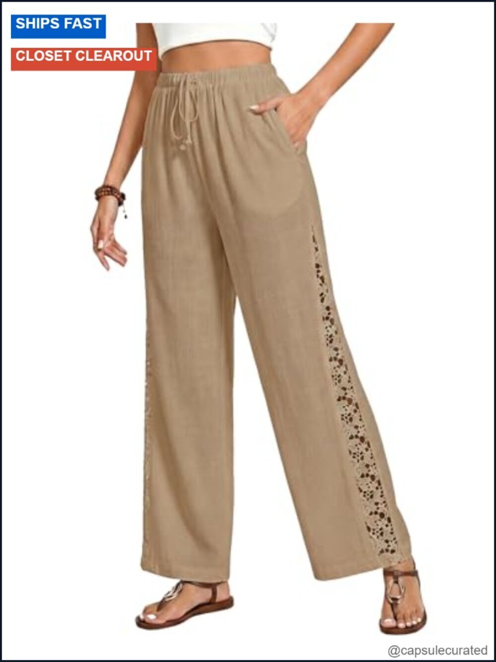 Linen Blend Wide Leg Pants High Waisted Pull On Casual Beach Vacation